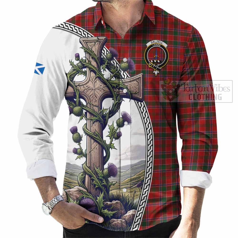 Tartan Vibes Clothing Dalzell (Dalziel) Tartan Long Sleeve Button Shirt with Family Crest and St. Andrew's Cross Accented by Thistle Vines