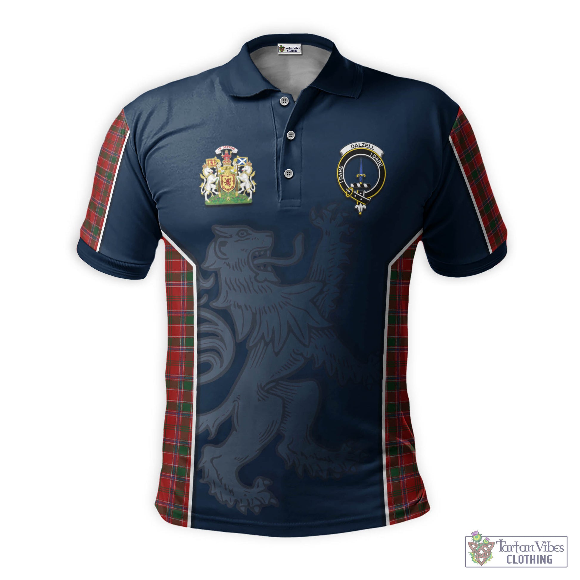 Tartan Vibes Clothing Dalzell (Dalziel) Tartan Men's Polo Shirt with Family Crest and Lion Rampant Vibes Sport Style