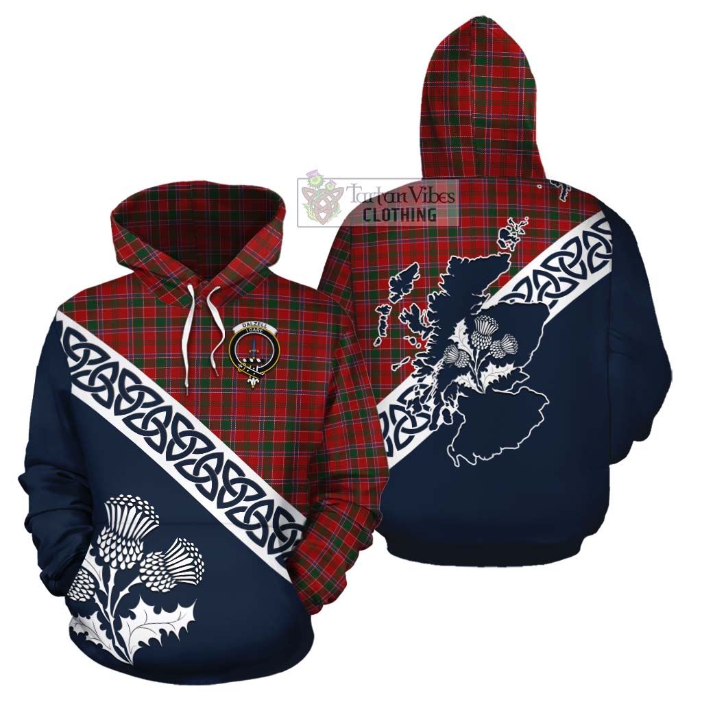 Tartan Vibes Clothing Dalzell (Dalziel) Tartan Cotton Hoodie Featuring Thistle and Scotland Map