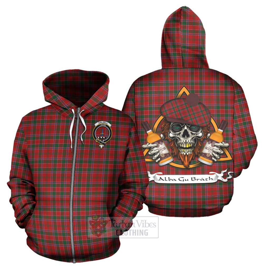 Tartan Vibes Clothing Dalzell (Dalziel) Tartan Hoodie with Family Crest and Bearded Skull Holding Bottles of Whiskey