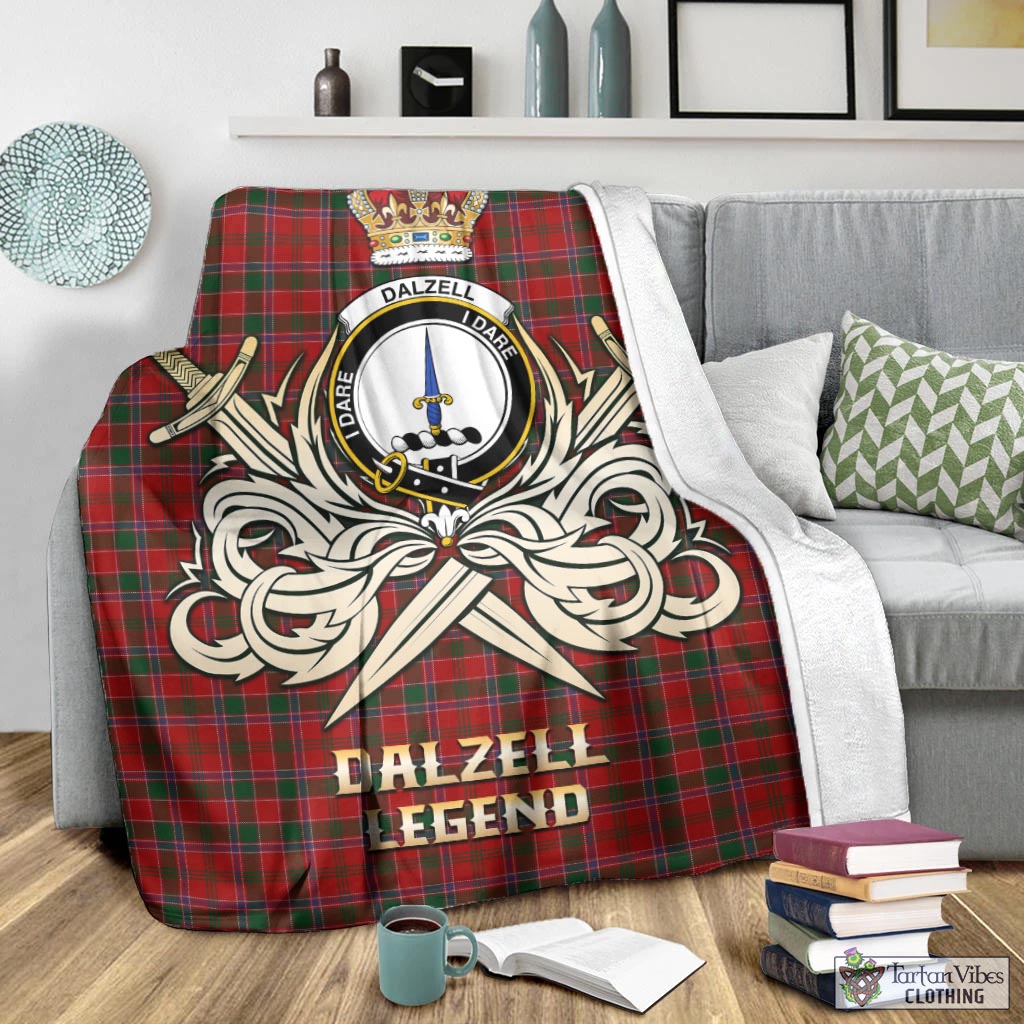 Tartan Vibes Clothing Dalzell (Dalziel) Tartan Blanket with Clan Crest and the Golden Sword of Courageous Legacy