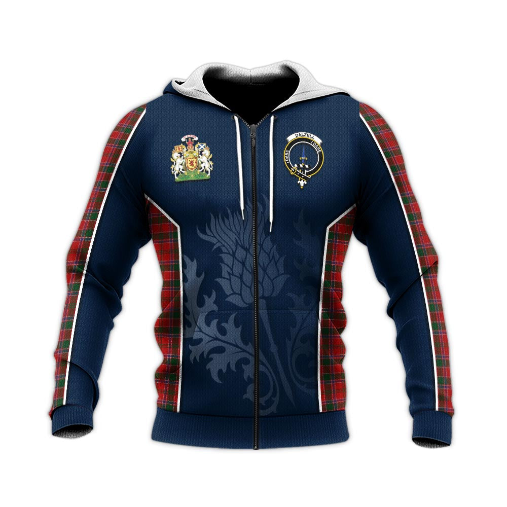 Tartan Vibes Clothing Dalzell (Dalziel) Tartan Knitted Hoodie with Family Crest and Scottish Thistle Vibes Sport Style