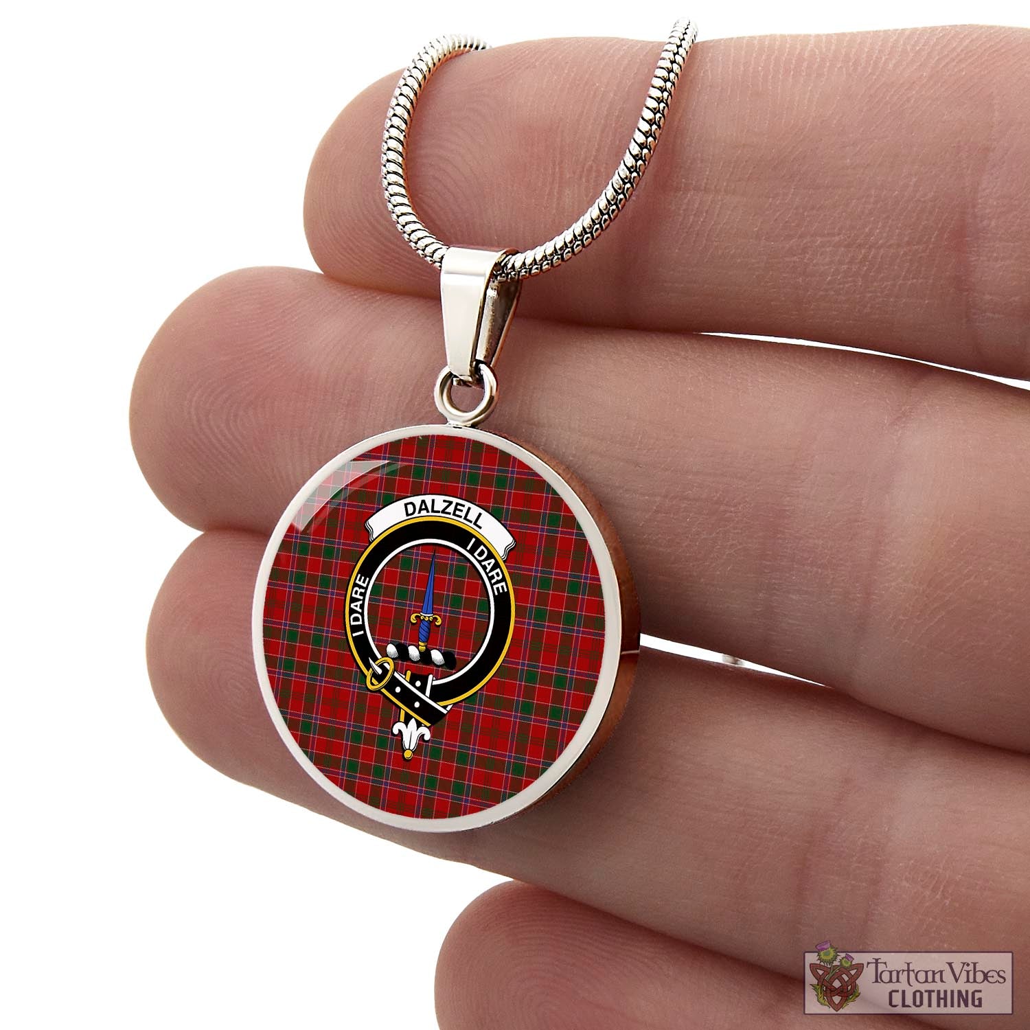 Tartan Vibes Clothing Dalzell (Dalziel) Tartan Circle Necklace with Family Crest