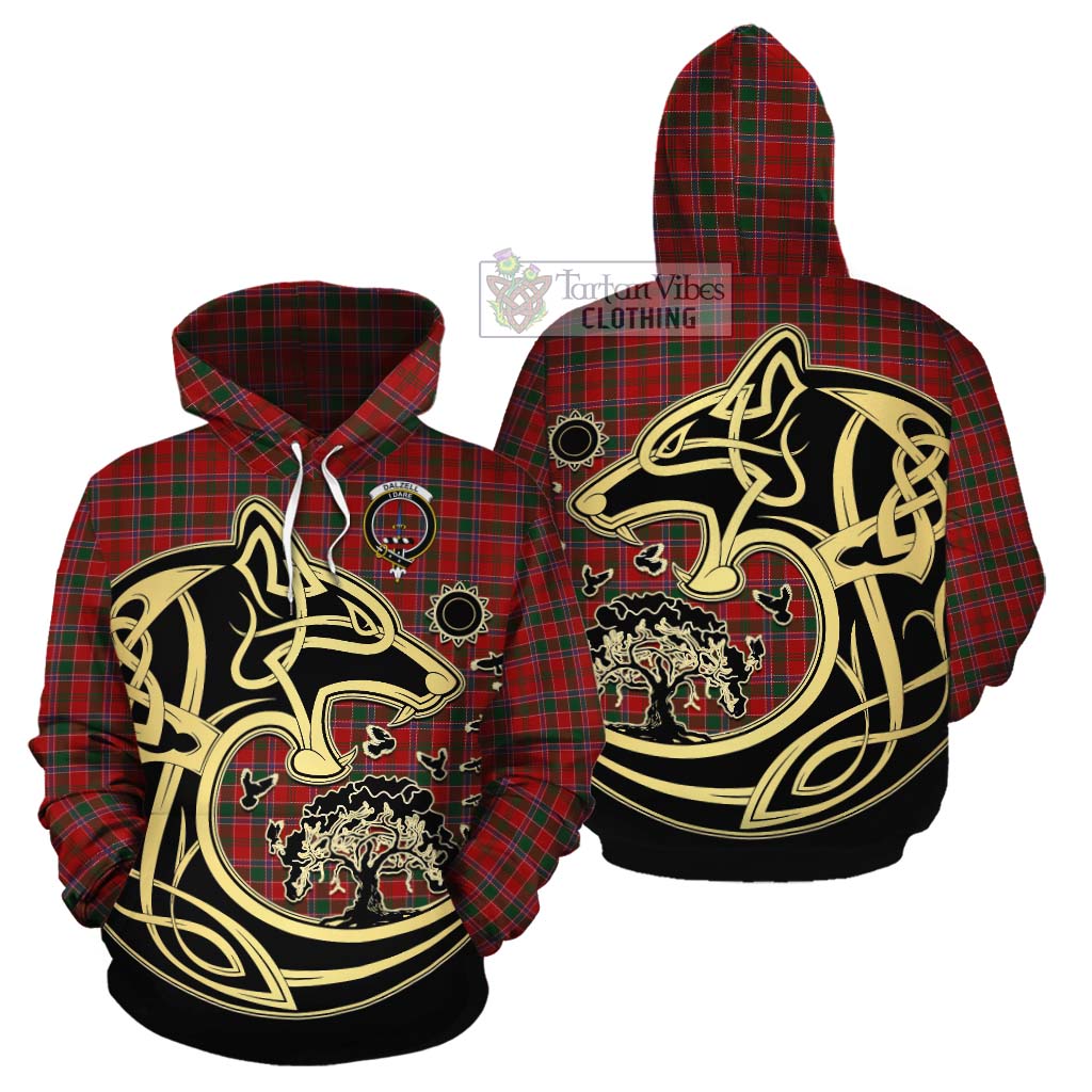 Tartan Vibes Clothing Dalzell (Dalziel) Tartan Cotton Hoodie with Family Crest Celtic Wolf Style