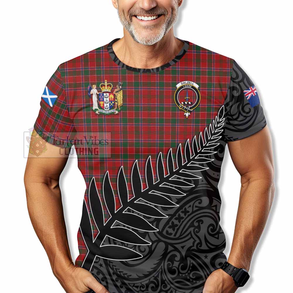 Tartan Vibes Clothing Dalzell (Dalziel) Crest Tartan T-Shirt with New Zealand Silver Fern Half Style