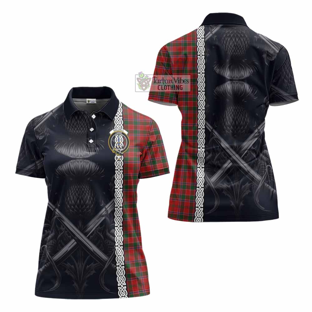 Tartan Vibes Clothing Dalzell (Dalziel) Tartan Women's Polo Shirt with Family Crest Cross Sword Thistle Celtic Vibes