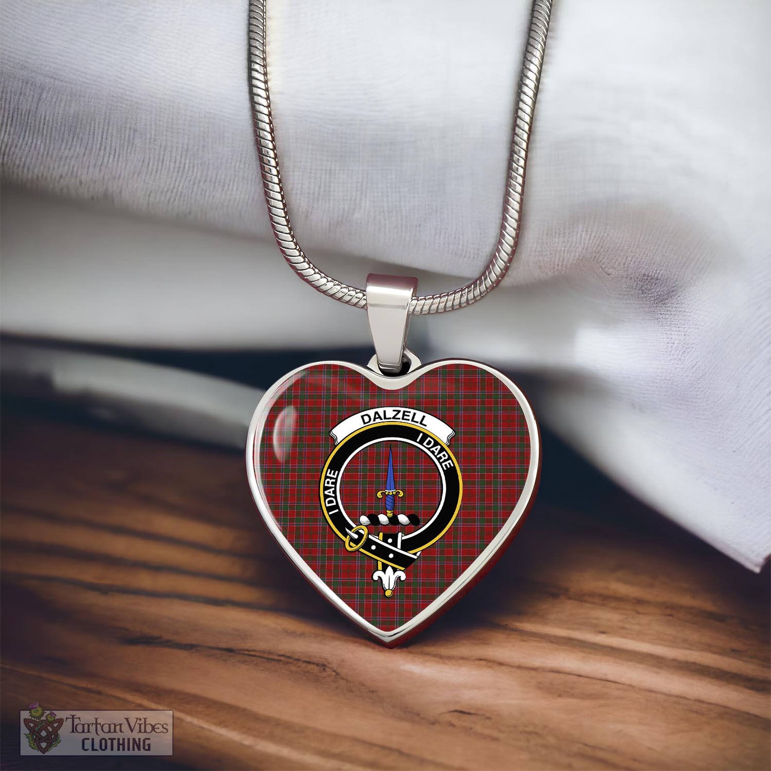 Tartan Vibes Clothing Dalzell (Dalziel) Tartan Heart Necklace with Family Crest