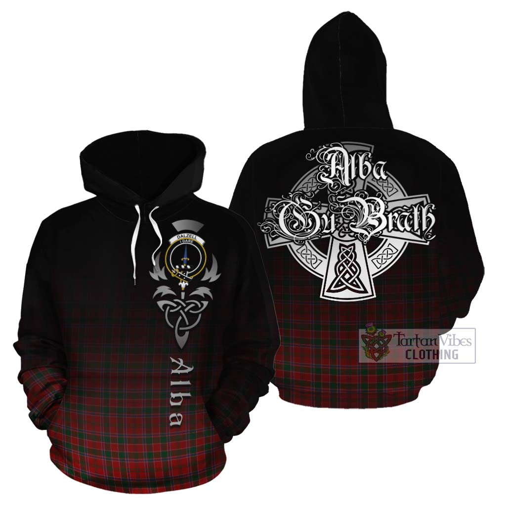 Tartan Vibes Clothing Dalzell (Dalziel) Tartan Cotton Hoodie Featuring Alba Gu Brath Family Crest Celtic Inspired