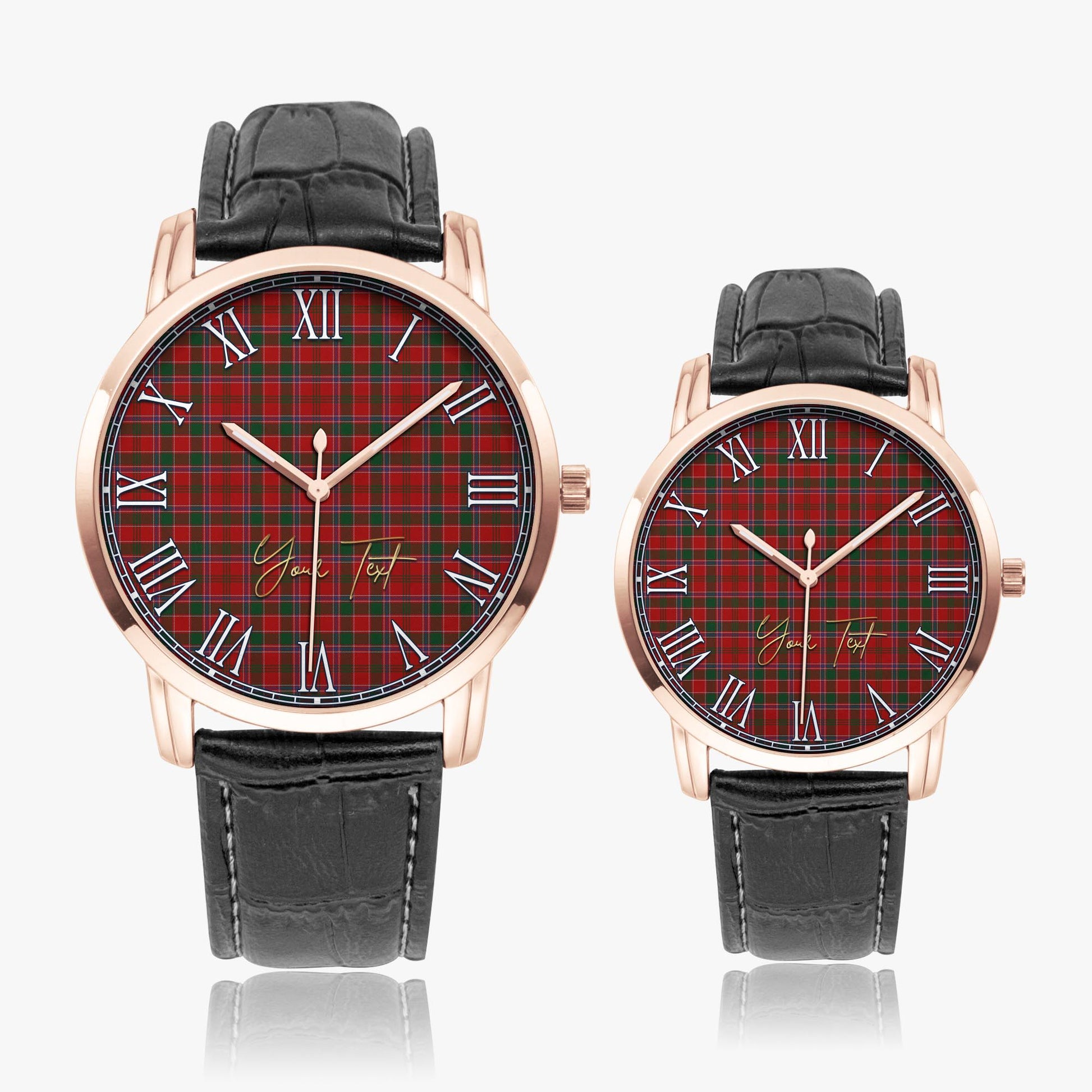 Dalzell (Dalziel) Tartan Personalized Your Text Leather Trap Quartz Watch Wide Type Rose Gold Case With Black Leather Strap - Tartanvibesclothing