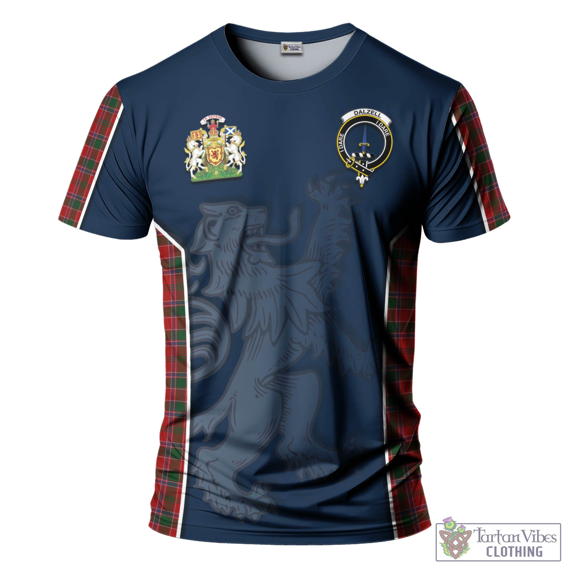 Tartan Vibes Clothing Dalzell (Dalziel) Tartan T-Shirt with Family Crest and Lion Rampant Vibes Sport Style