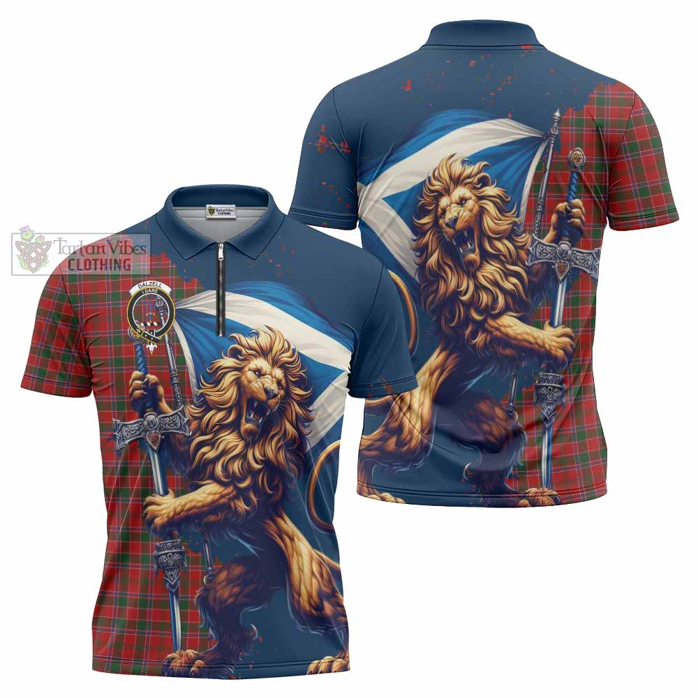 Tartan Vibes Clothing Dalzell (Dalziel) Tartan Family Crest Zipper Polo Shirt with Scottish Majestic Lion