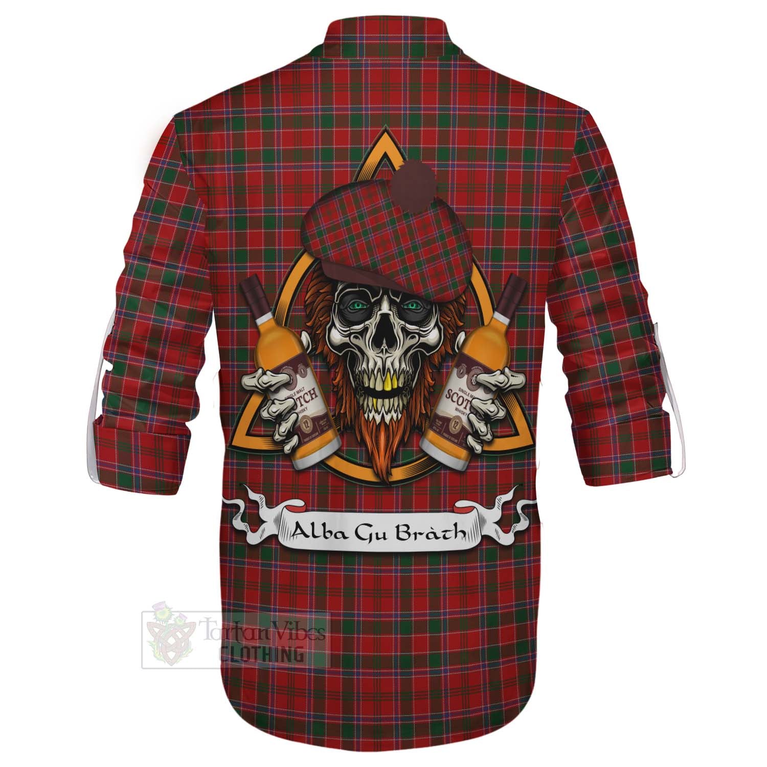 Tartan Vibes Clothing Dalzell (Dalziel) Tartan Ghillie Kilt Shirt with Family Crest and Bearded Skull Holding Bottles of Whiskey