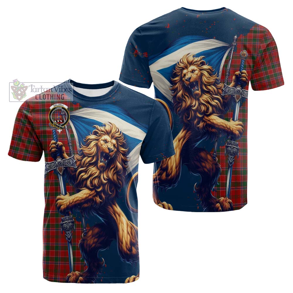 Tartan Vibes Clothing Dalzell (Dalziel) Tartan Family Crest Cotton T-shirt with Scottish Majestic Lion