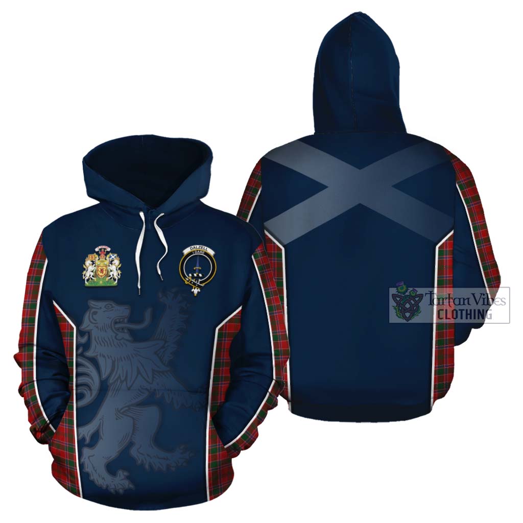 Tartan Vibes Clothing Dalzell (Dalziel) Tartan Cotton Hoodie with Family Crest and Lion Rampant Vibes Sport Style