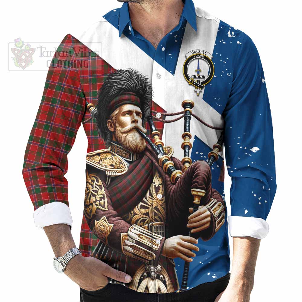 Tartan Vibes Clothing Dalzell (Dalziel) Tartan Long Sleeve Button Shirt with Family Crest Scottish Bagpiper Vibes