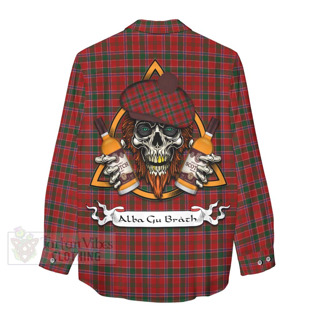 Tartan Vibes Clothing Dalzell (Dalziel) Tartan Women's Casual Shirt with Family Crest and Bearded Skull Holding Bottles of Whiskey