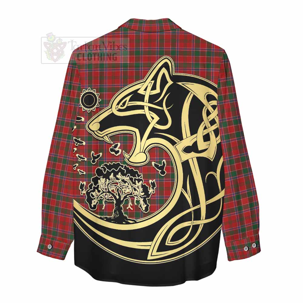 Tartan Vibes Clothing Dalzell (Dalziel) Tartan Women's Casual Shirt with Family Crest Celtic Wolf Style