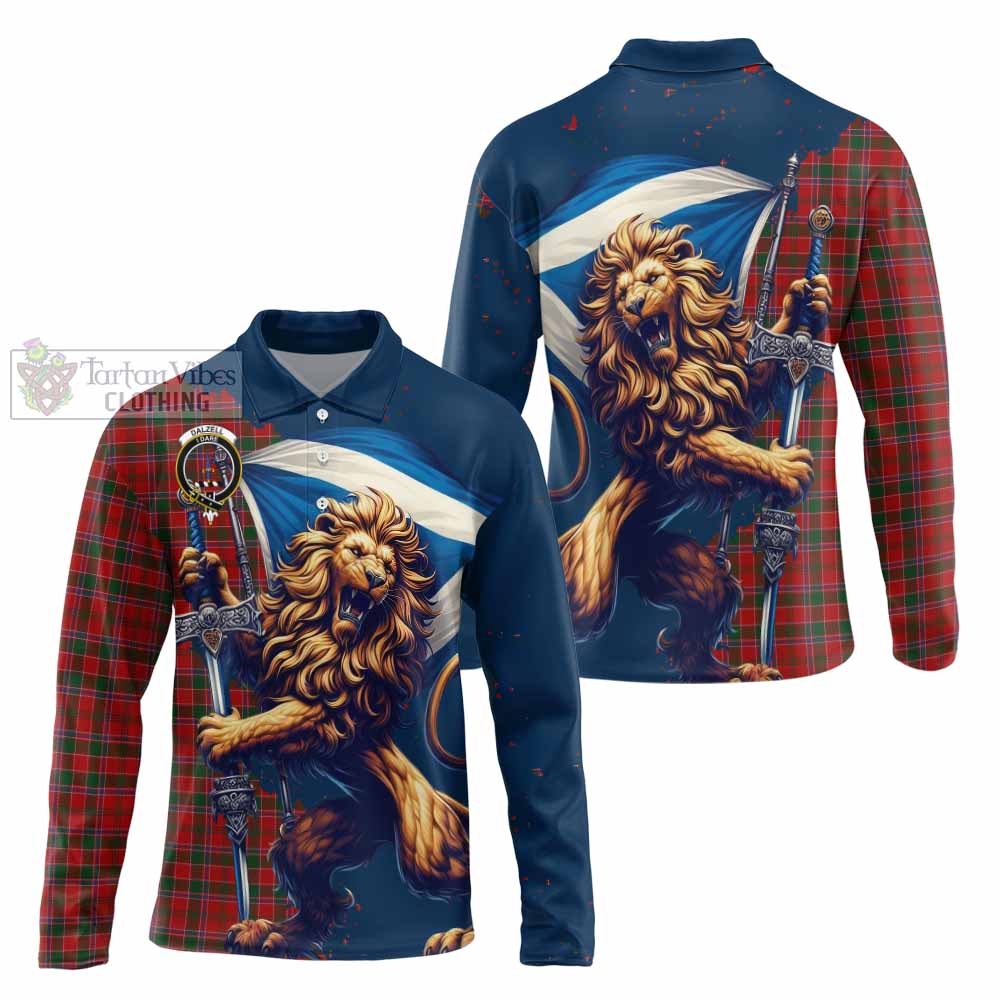 Tartan Vibes Clothing Dalzell (Dalziel) Tartan Family Crest Long Sleeve Polo Shirt with Scottish Majestic Lion