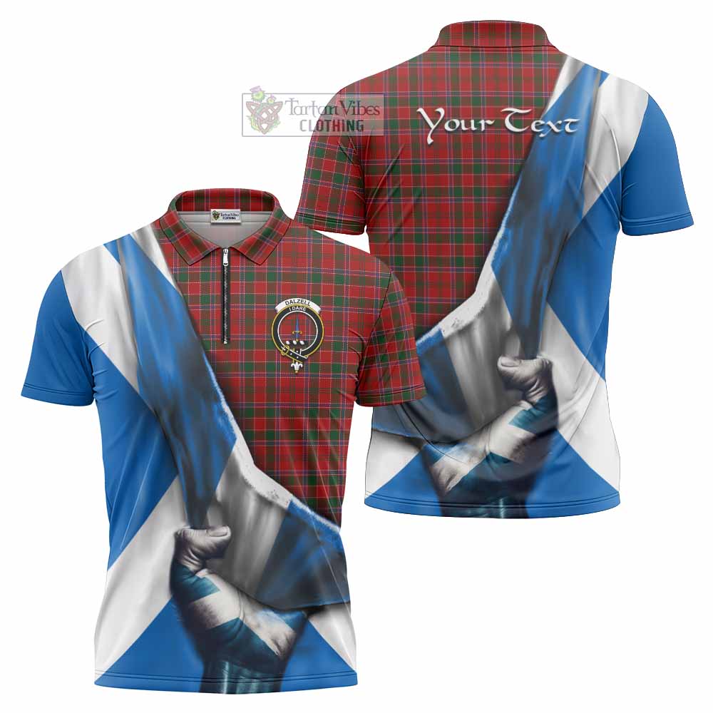 Tartan Vibes Clothing Dalzell (Dalziel) Tartan Zipper Polo Shirt with Family Crest Scotland Patriotic Style