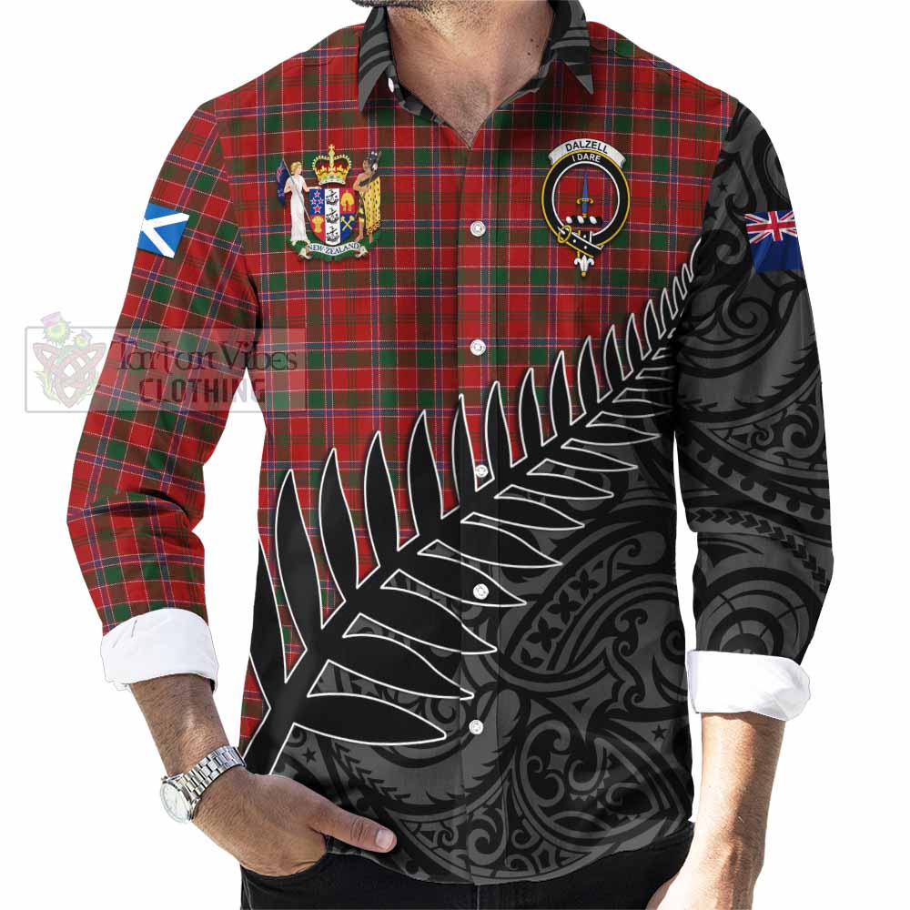 Tartan Vibes Clothing Dalzell (Dalziel) Crest Tartan Long Sleeve Button Shirt with New Zealand Silver Fern Half Style