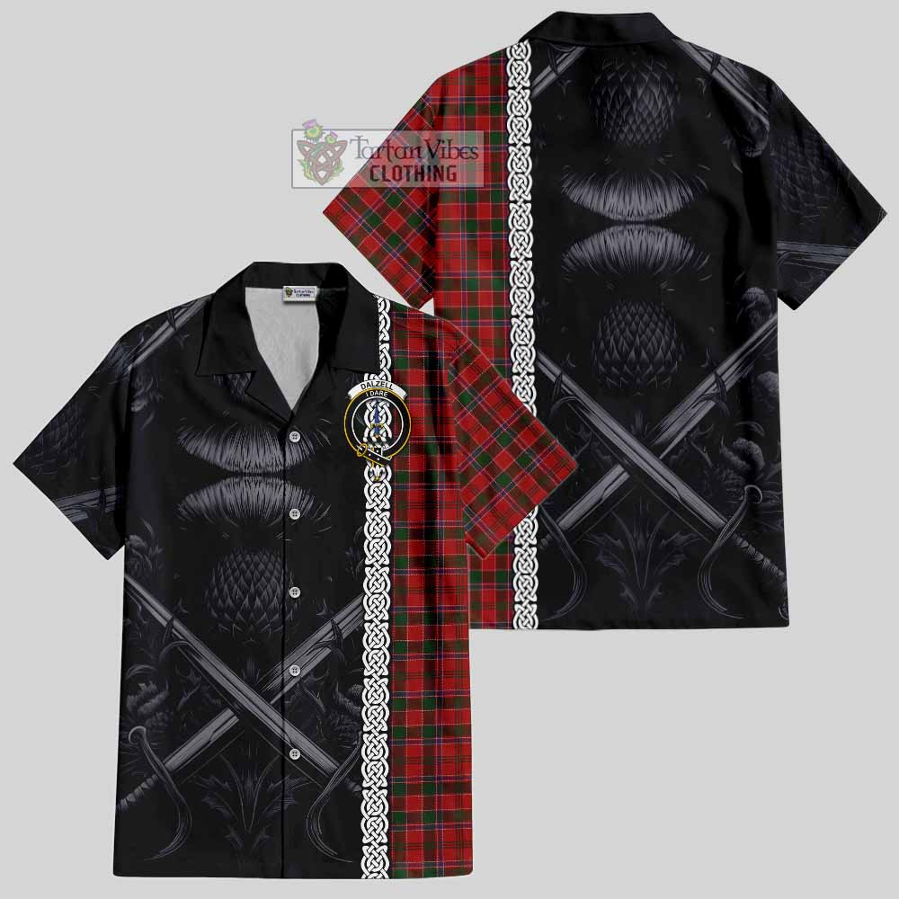 Tartan Vibes Clothing Dalzell (Dalziel) Tartan Short Sleeve Button Shirt with Family Crest Cross Sword Thistle Celtic Vibes