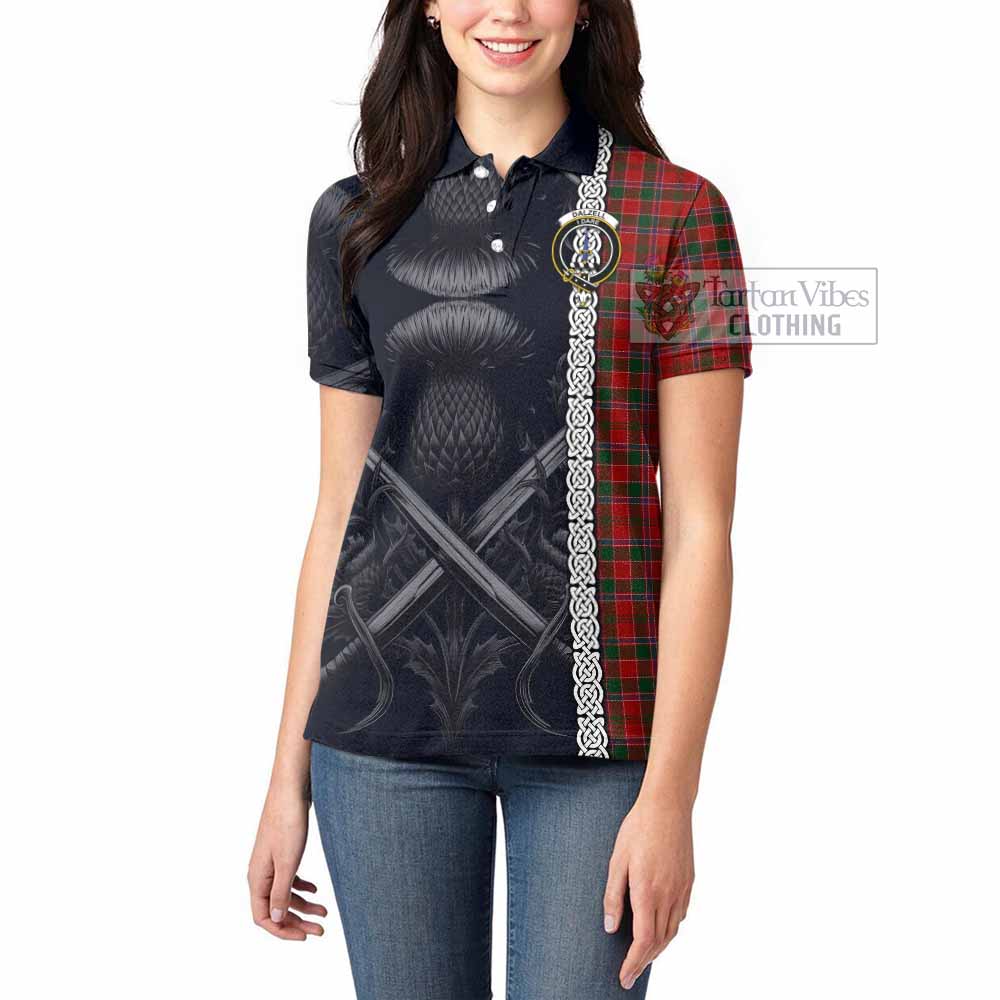 Tartan Vibes Clothing Dalzell (Dalziel) Tartan Women's Polo Shirt with Family Crest Cross Sword Thistle Celtic Vibes