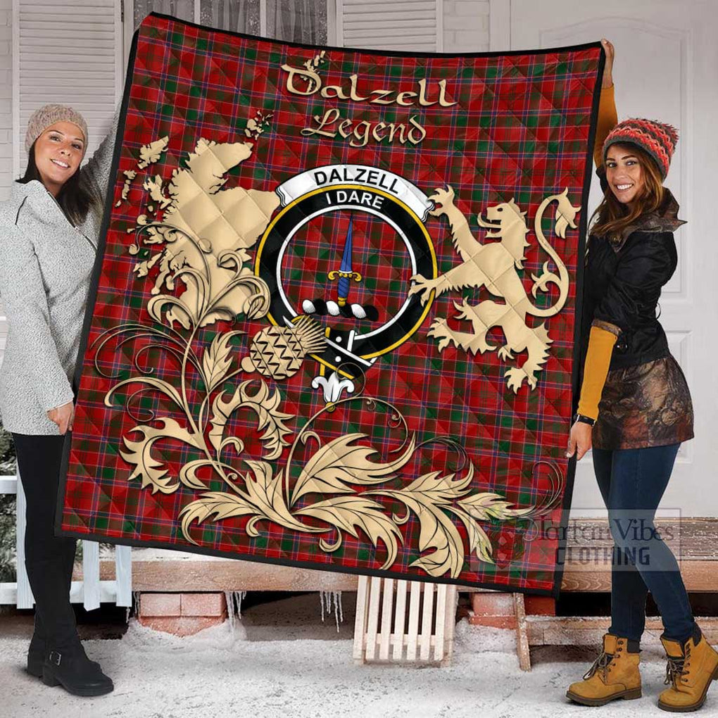 Tartan Vibes Clothing Dalzell (Dalziel) Tartan Quilt with Family Crest and Scottish Symbol Style