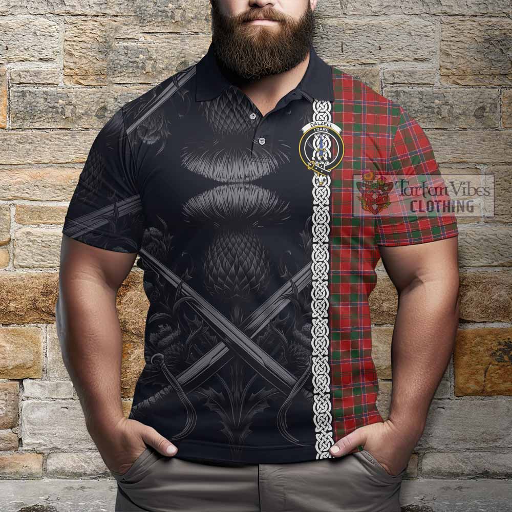 Tartan Vibes Clothing Dalzell (Dalziel) Tartan Polo Shirt with Family Crest Cross Sword Thistle Celtic Vibes