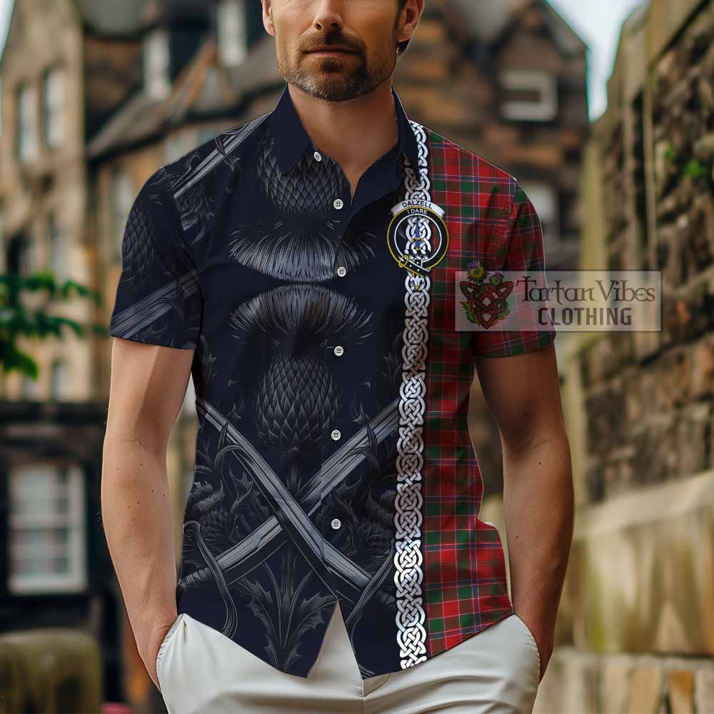 Tartan Vibes Clothing Dalzell (Dalziel) Tartan Short Sleeve Button Shirt with Family Crest Cross Sword Thistle Celtic Vibes