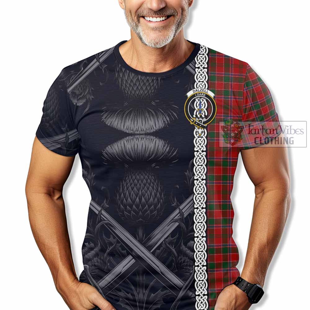 Tartan Vibes Clothing Dalzell (Dalziel) Tartan T-Shirt with Family Crest Cross Sword Thistle Celtic Vibes