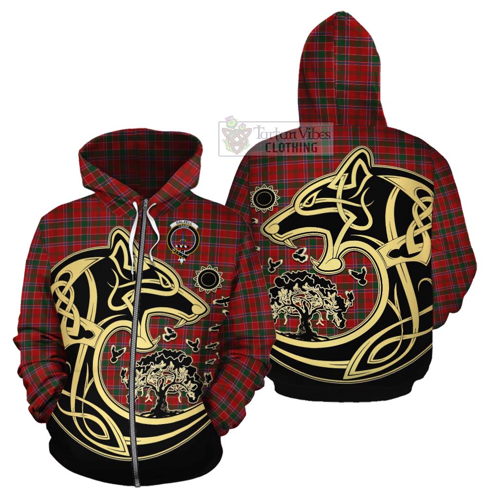 Tartan Vibes Clothing Dalzell (Dalziel) Tartan Cotton Hoodie with Family Crest Celtic Wolf Style