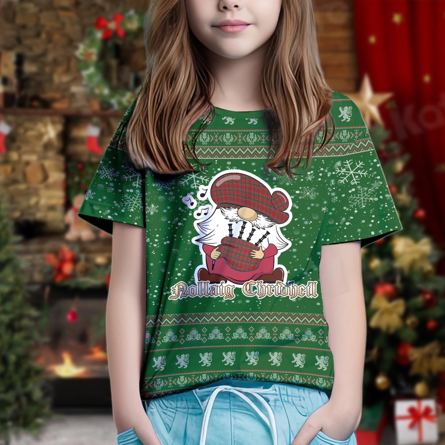 Dalzell (Dalziel) Clan Christmas Family T-Shirt with Funny Gnome Playing Bagpipes Kid's Shirt Green - Tartanvibesclothing