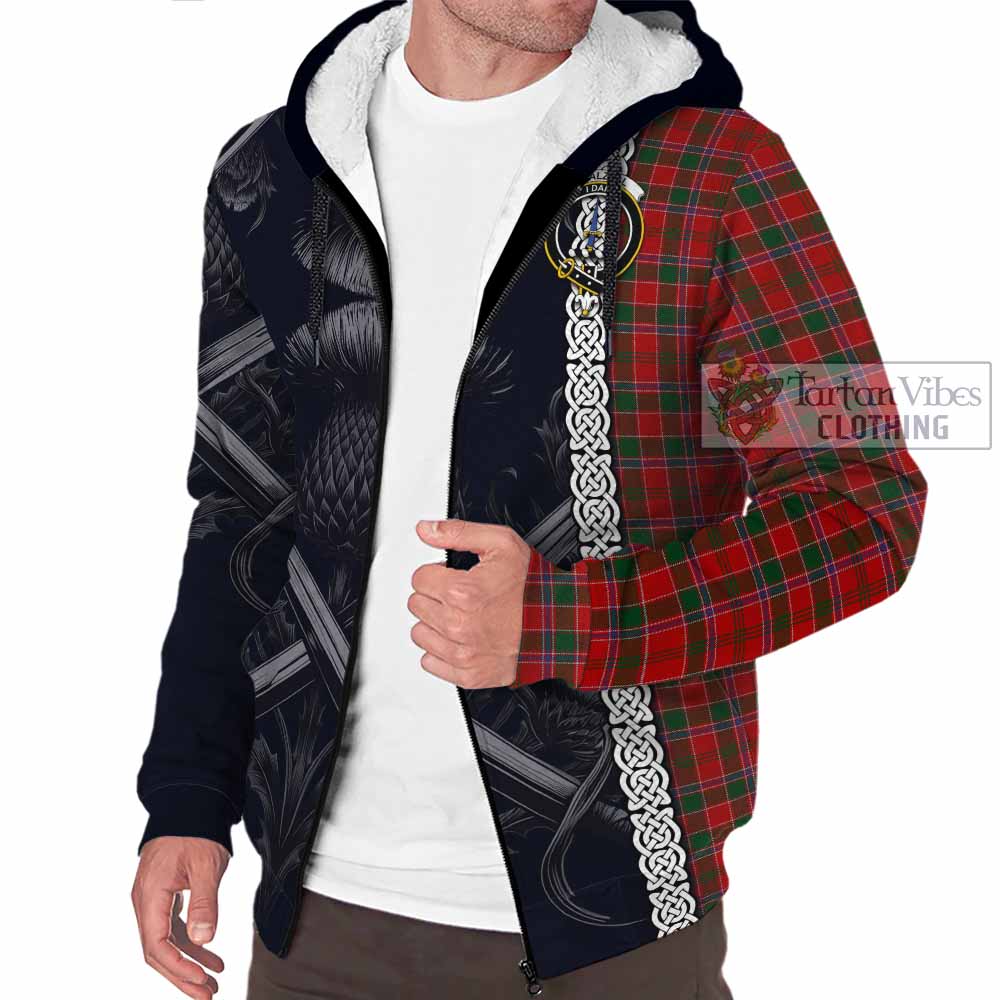 Tartan Vibes Clothing Dalzell (Dalziel) Tartan Sherpa Hoodie with Family Crest Cross Sword Thistle Celtic Vibes