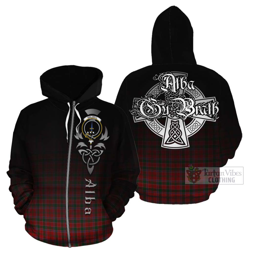 Tartan Vibes Clothing Dalzell (Dalziel) Tartan Cotton Hoodie Featuring Alba Gu Brath Family Crest Celtic Inspired