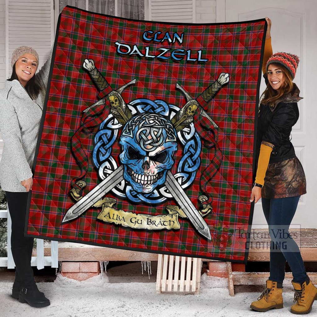 Tartan Vibes Clothing Dalzell (Dalziel) Tartan Quilt with Celtic Skull Alba Gu Brath Style