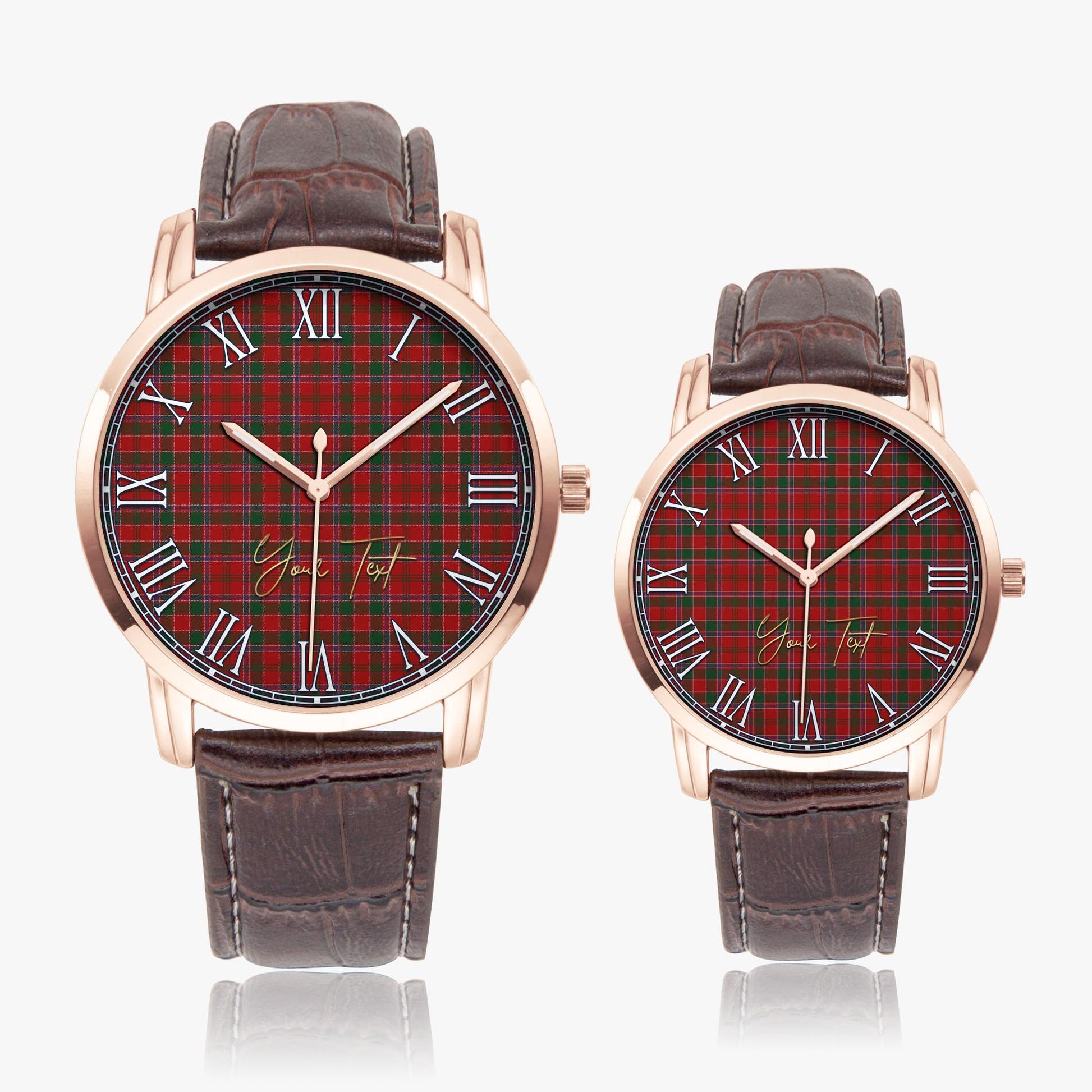 Dalzell (Dalziel) Tartan Personalized Your Text Leather Trap Quartz Watch Wide Type Rose Gold Case With Brown Leather Strap - Tartanvibesclothing