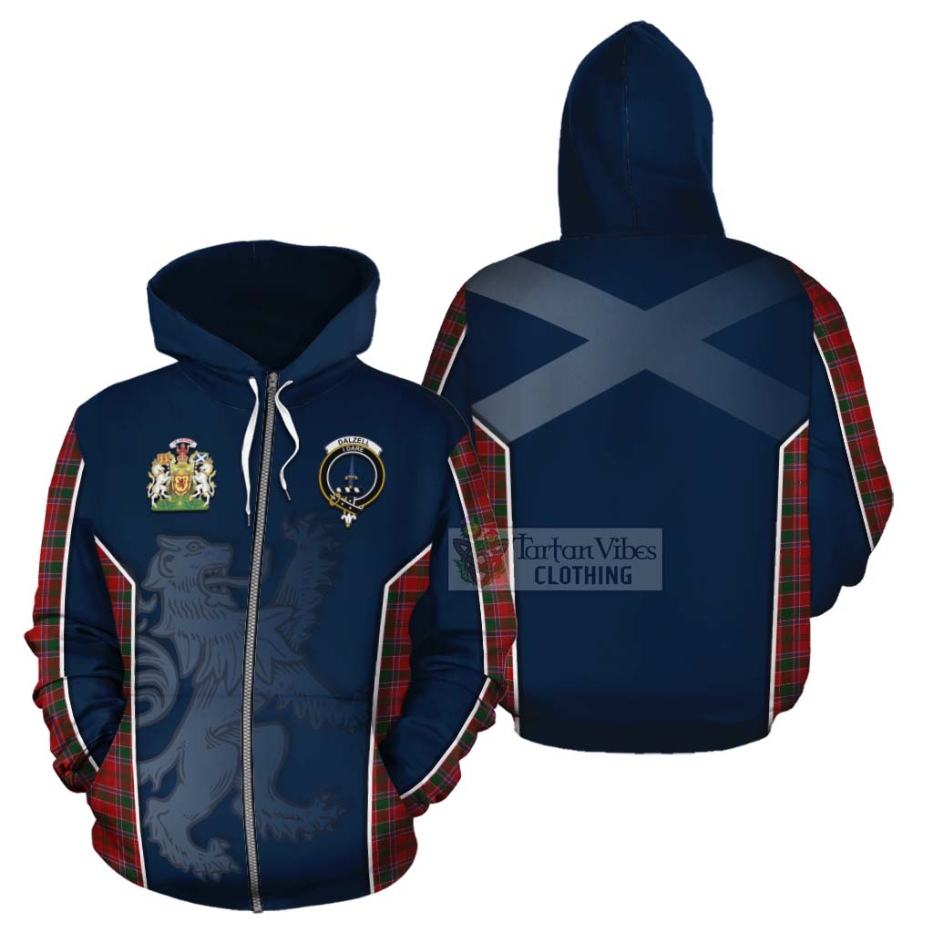 Tartan Vibes Clothing Dalzell (Dalziel) Tartan Cotton Hoodie with Family Crest and Lion Rampant Vibes Sport Style