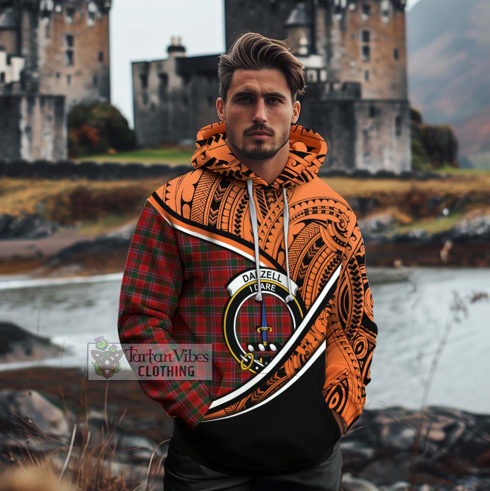 Tartan Vibes Clothing Dalzell (Dalziel) Crest Tartan Cotton Hoodie with Maori Tattoo Style - Orange Version