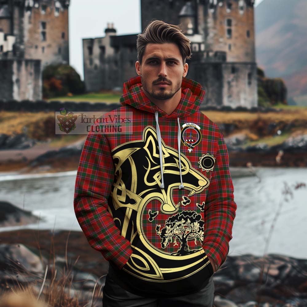 Tartan Vibes Clothing Dalzell (Dalziel) Tartan Cotton Hoodie with Family Crest Celtic Wolf Style