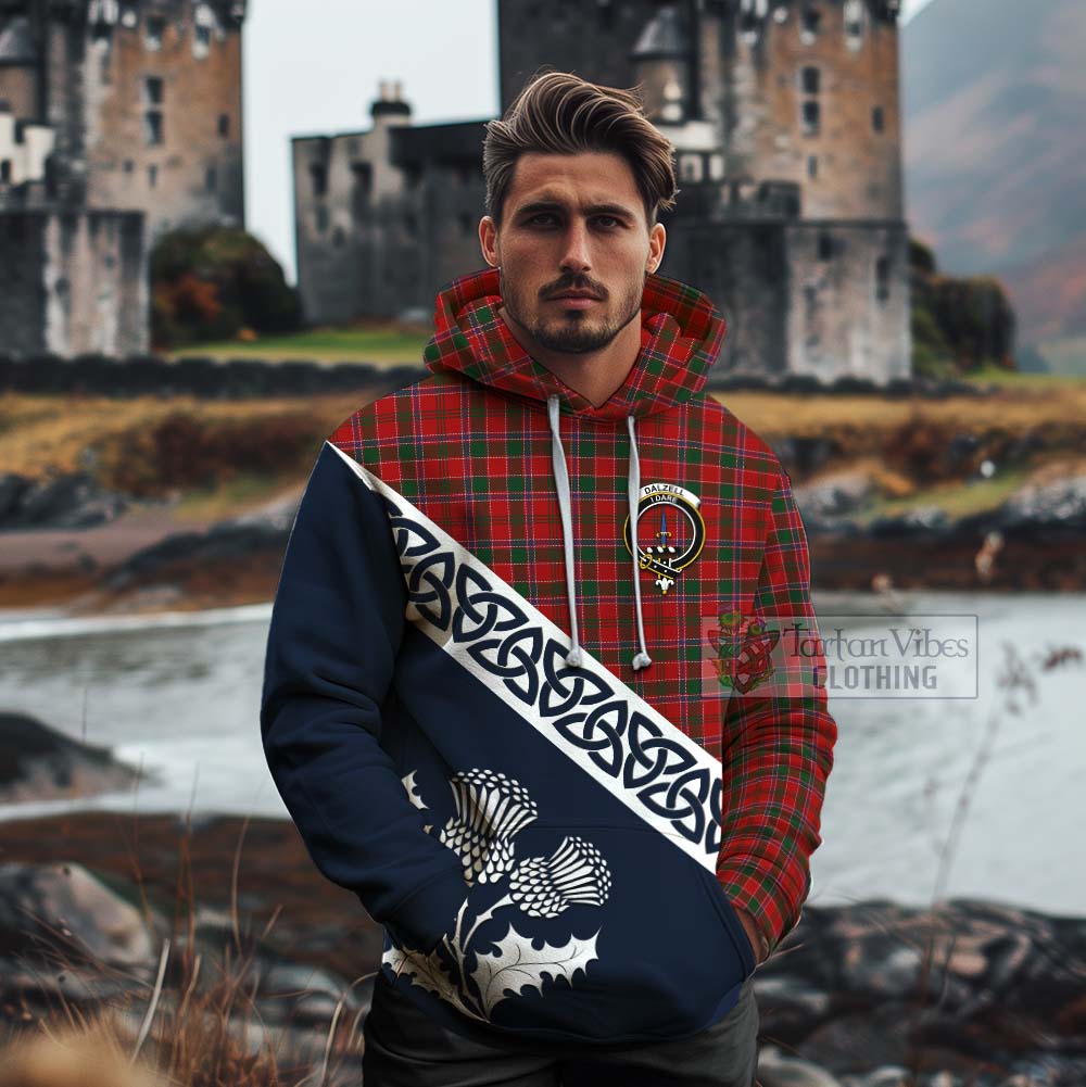 Tartan Vibes Clothing Dalzell (Dalziel) Tartan Cotton Hoodie Featuring Thistle and Scotland Map