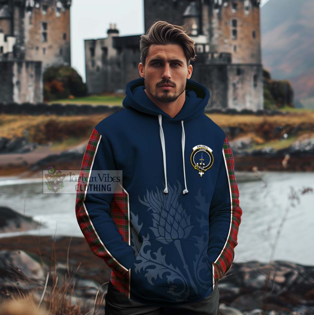 Tartan Vibes Clothing Dalzell (Dalziel) Tartan Cotton Hoodie with Family Crest and Scottish Thistle Vibes Sport Style