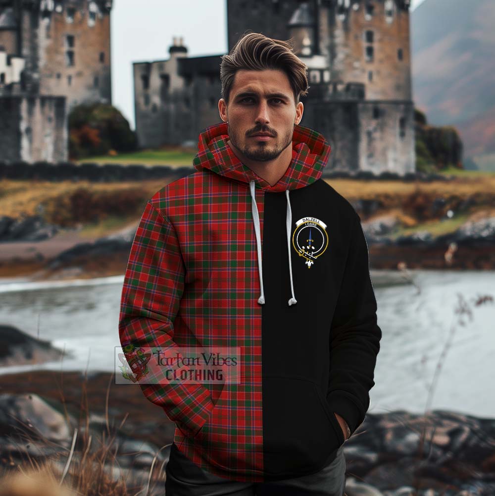 Tartan Vibes Clothing Dalzell (Dalziel) Tartan Cotton Hoodie with Family Crest and Half Of Me Style