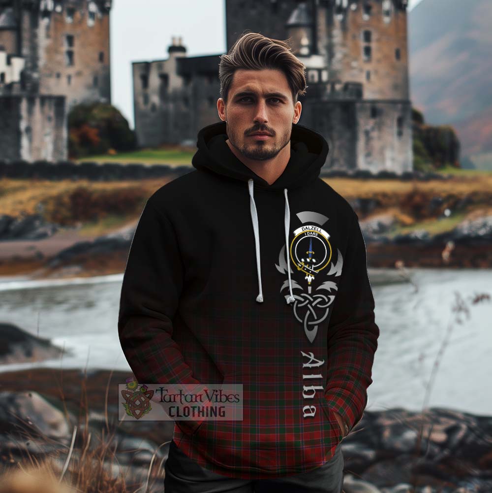 Tartan Vibes Clothing Dalzell (Dalziel) Tartan Cotton Hoodie Featuring Alba Gu Brath Family Crest Celtic Inspired