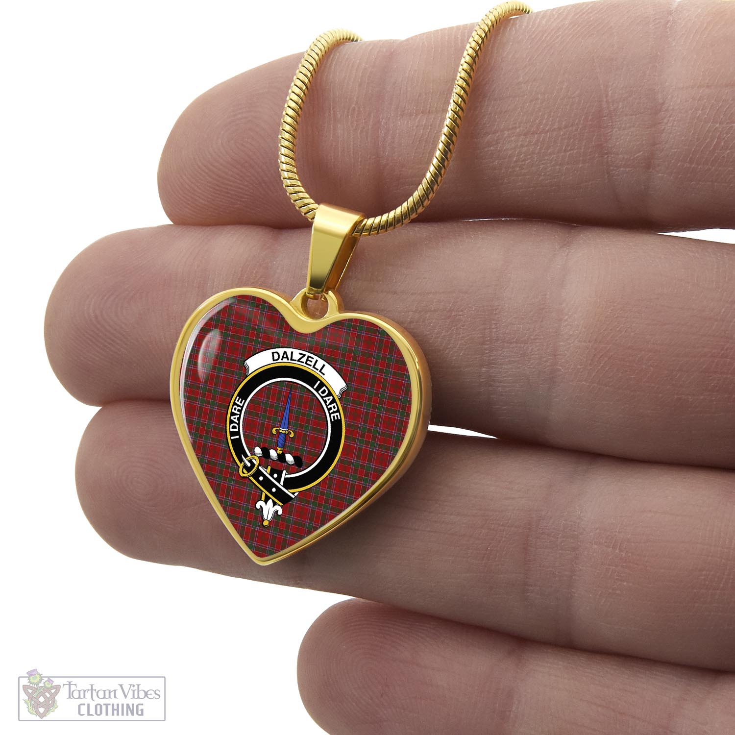 Tartan Vibes Clothing Dalzell (Dalziel) Tartan Heart Necklace with Family Crest