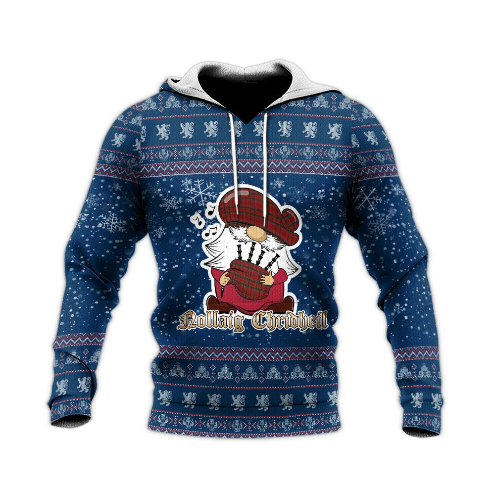 Dalzell (Dalziel) Clan Christmas Knitted Hoodie with Funny Gnome Playing Bagpipes - Tartanvibesclothing