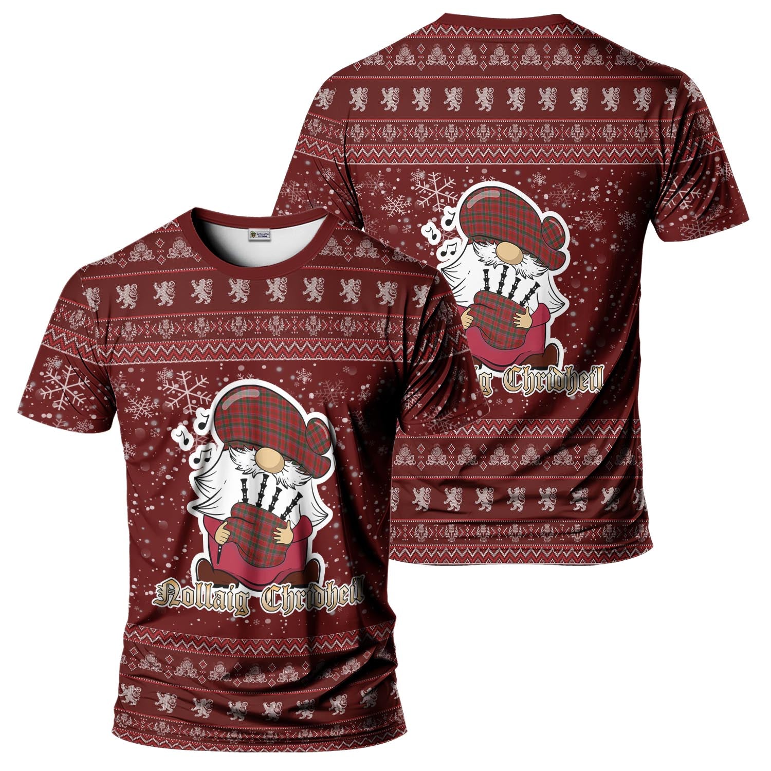 Dalzell (Dalziel) Clan Christmas Family T-Shirt with Funny Gnome Playing Bagpipes - Tartanvibesclothing