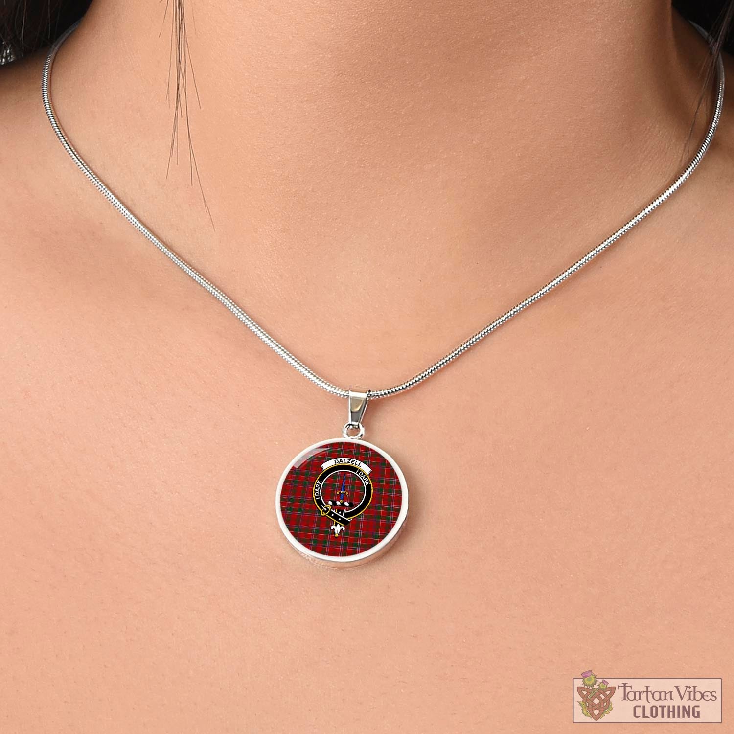 Tartan Vibes Clothing Dalzell (Dalziel) Tartan Circle Necklace with Family Crest