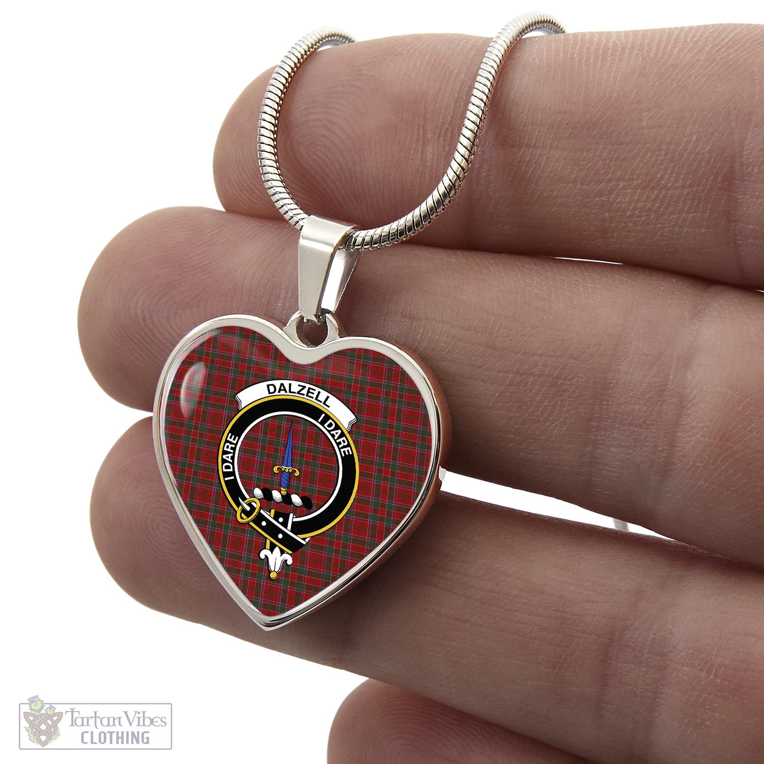 Tartan Vibes Clothing Dalzell (Dalziel) Tartan Heart Necklace with Family Crest