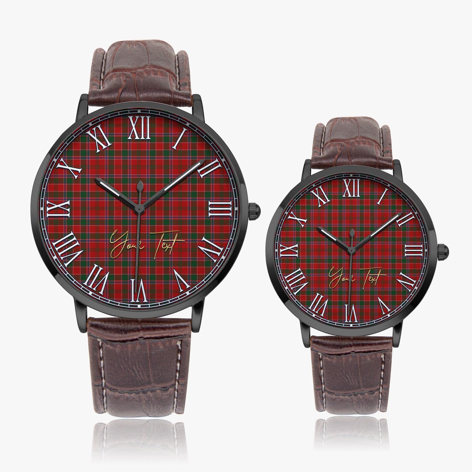 Dalzell (Dalziel) Tartan Personalized Your Text Leather Trap Quartz Watch Ultra Thin Black Case With Brown Leather Strap - Tartanvibesclothing