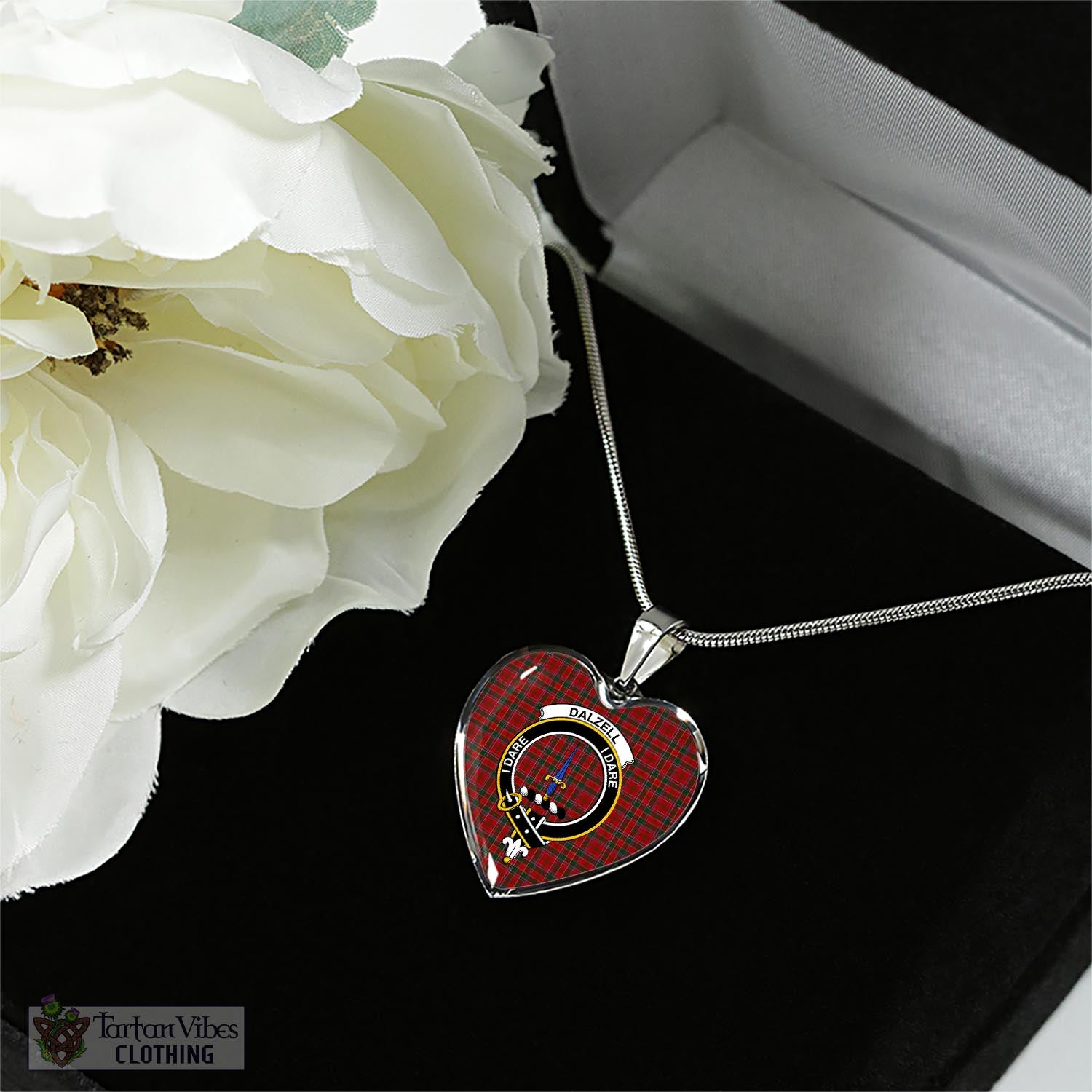 Tartan Vibes Clothing Dalzell (Dalziel) Tartan Heart Necklace with Family Crest